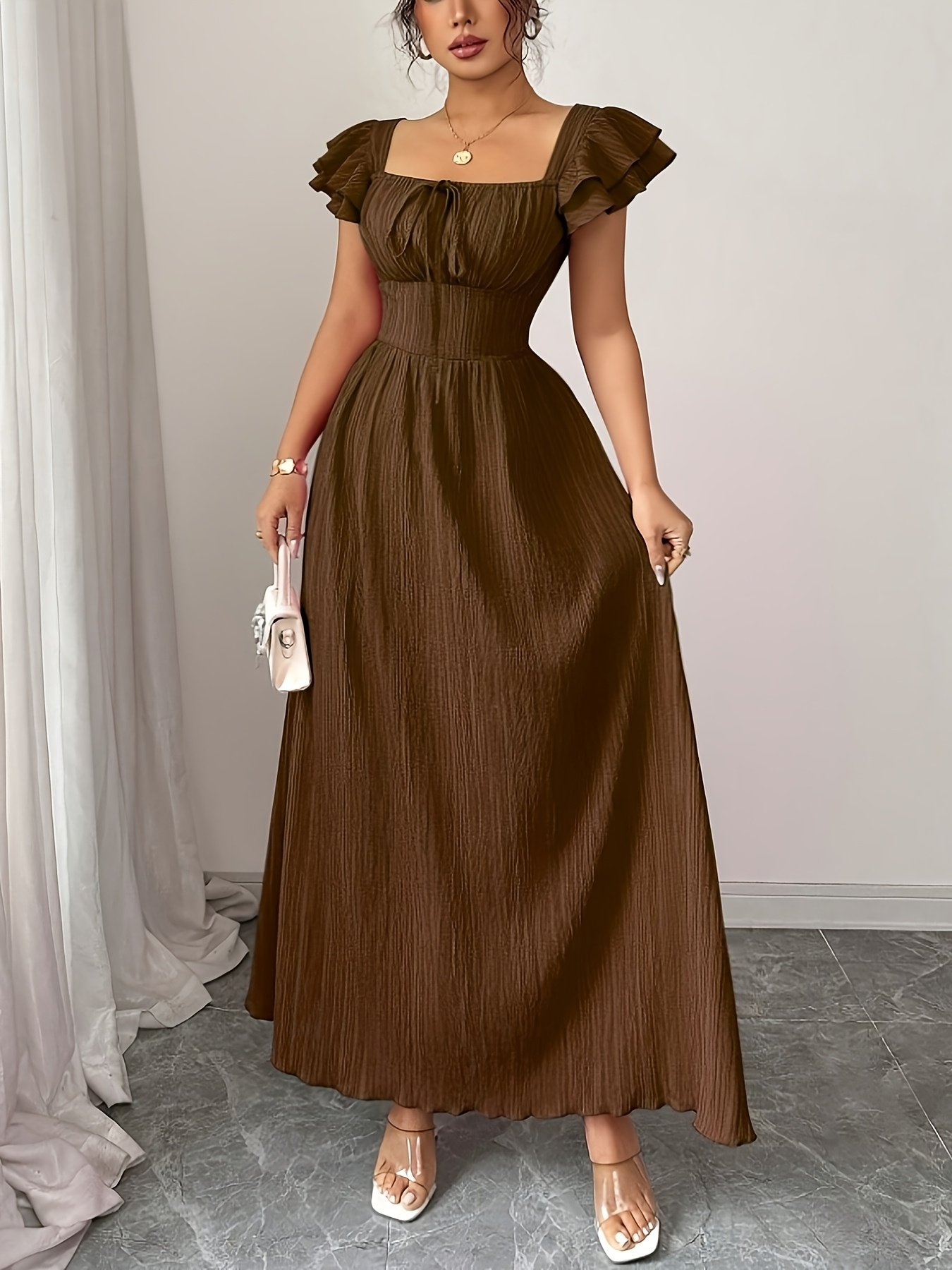 Women's Elegant Smock A-Line Maxi Dress - Square Neck Solid Color Summer Dress with Smock Detail, Machine Washable -Length Gown for Weddings, Parties & Casual Attire - Non-Stretch Elegant Special Line Dress for Women