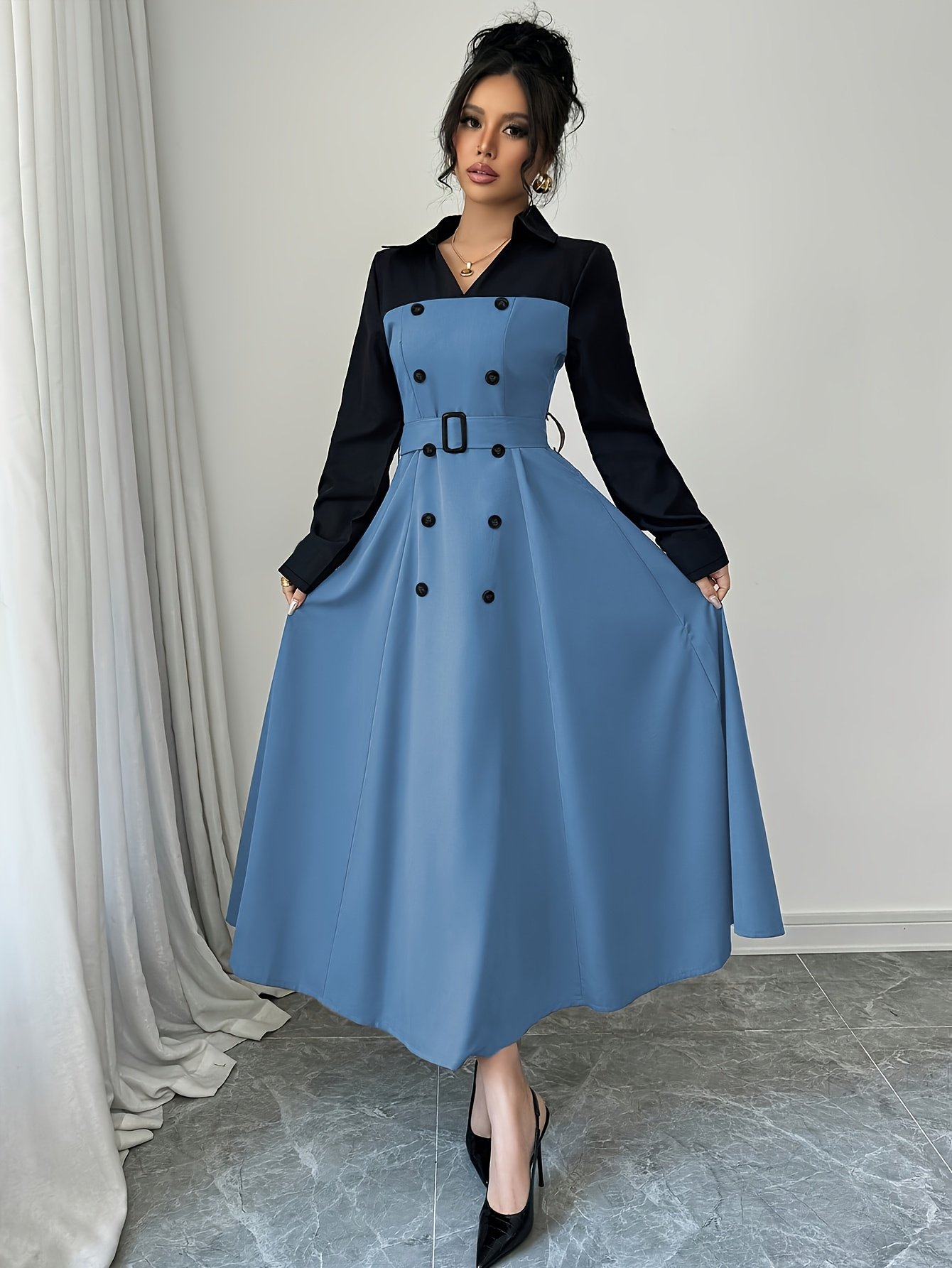 Elegant And Versatile Long-Sleeve V-Neck Color-Blocked Dress with a Belted Waist, Perfect for Commuting - Image 5