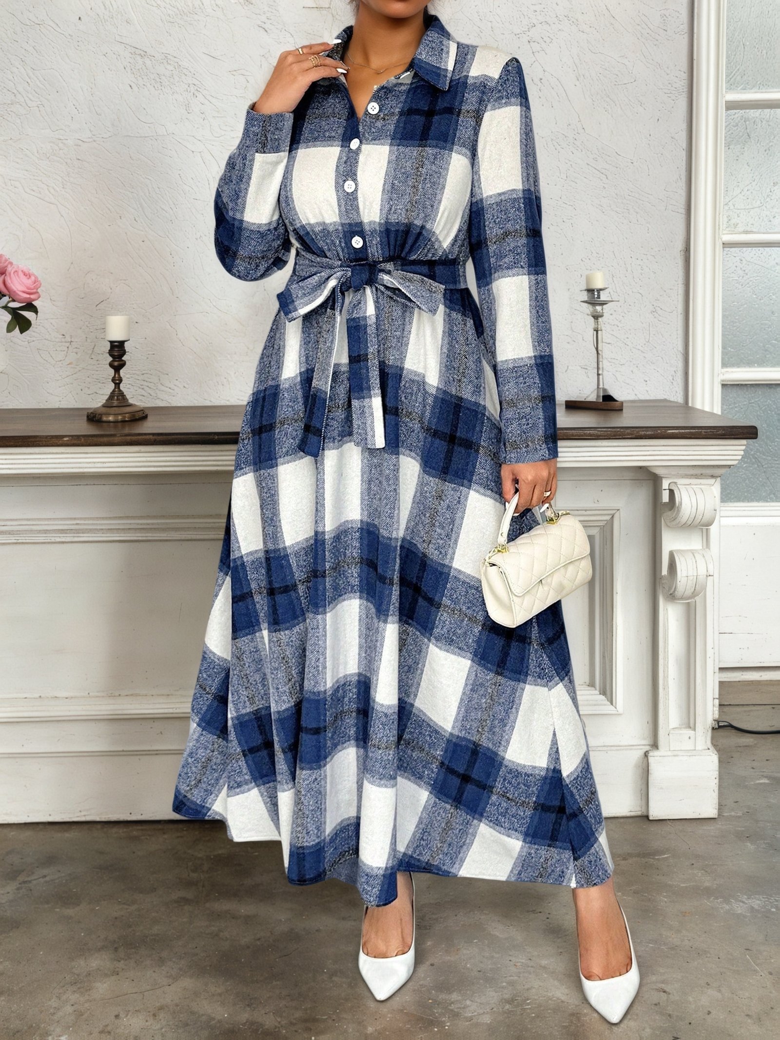 Plus Size - Plus Size - Plus-Size Women'S Elegant And Easy Checkered Long-Sleeve Dress with a Polo Collar And Waist Cinching, Perfect for Commuting - Image 4