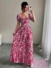 Elegant Floral Print Maxi Dress with Puff Sleeves, Square Neckline, and Backless Design - Perfect for Vacation or Date Night, Spring/Summer Collection, Cute Dress