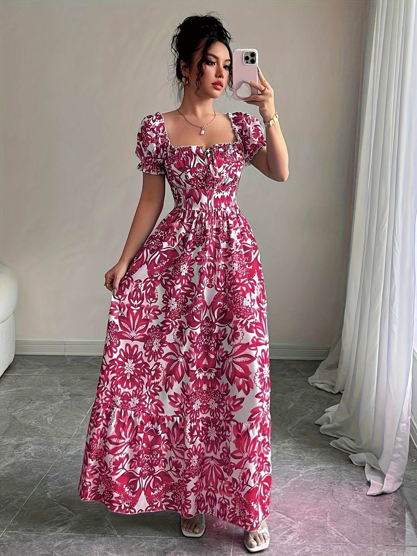 Elegant Floral Print Maxi Dress with Puff Sleeves, Square Neckline, and Backless Design - Perfect for Vacation or Date Night, Spring/Summer Collection, Cute Dress