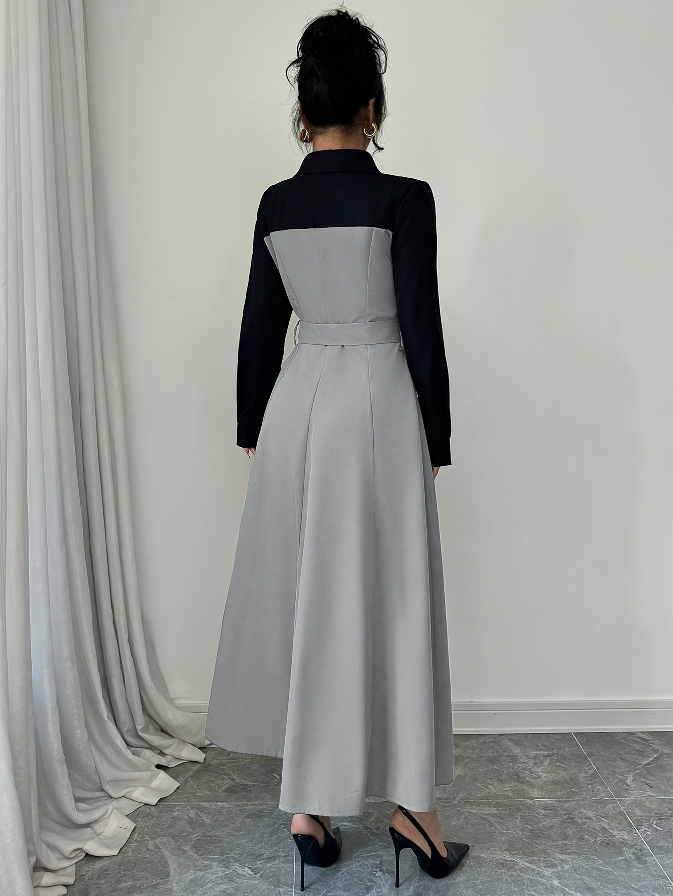 Elegant And Versatile Long-Sleeve V-Neck Color-Blocked Dress with a Belted Waist, Perfect for Commuting - Image 11