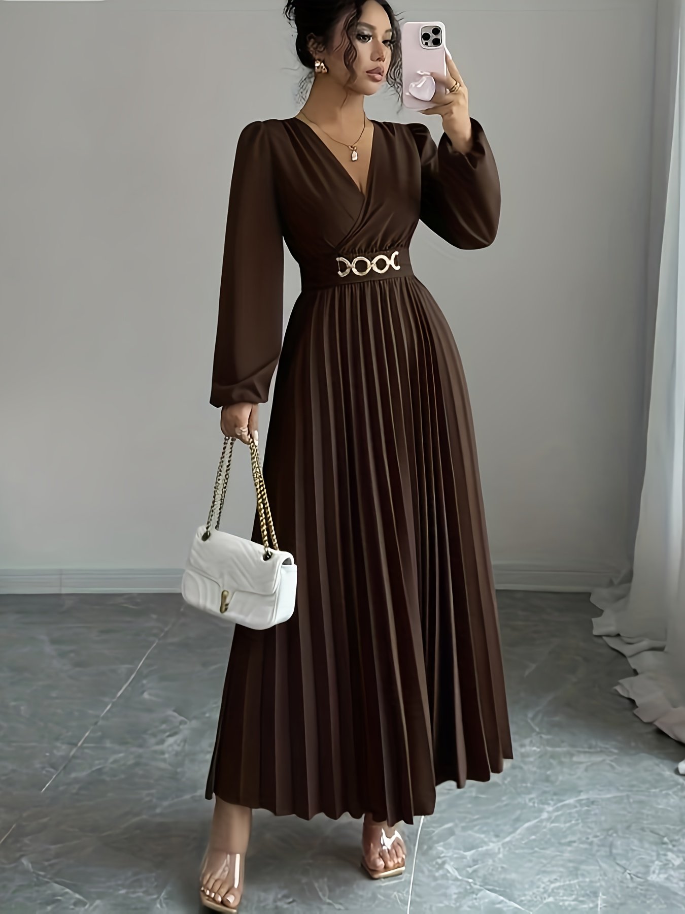A Solid Color Pleated Dress with a V-Neck And Metal Embellishments, Featuring a Side Zipper And Gathered Design at The Waist on The Back, Perfect for Elegant Occasions Like Birthdays, Weddings, And Back-To- Season - Image 9