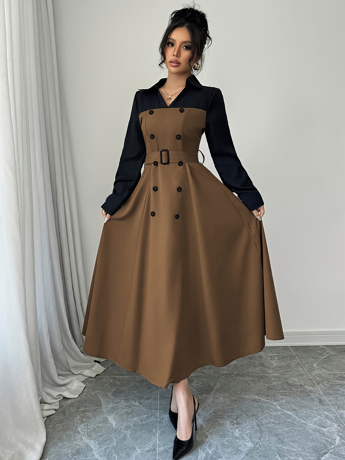 Elegant And Versatile Long-Sleeve V-Neck Color-Blocked Dress with a Belted Waist, Perfect for Commuting - Image 4