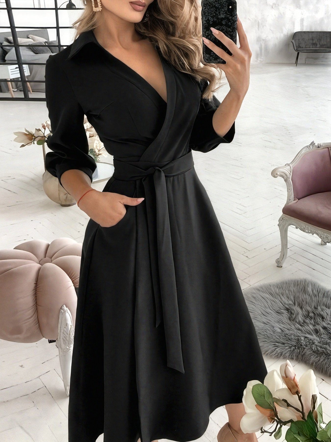 Elegant Women'S A-Line Dress with Three-Quarter Sleeves And a Lapel Collar