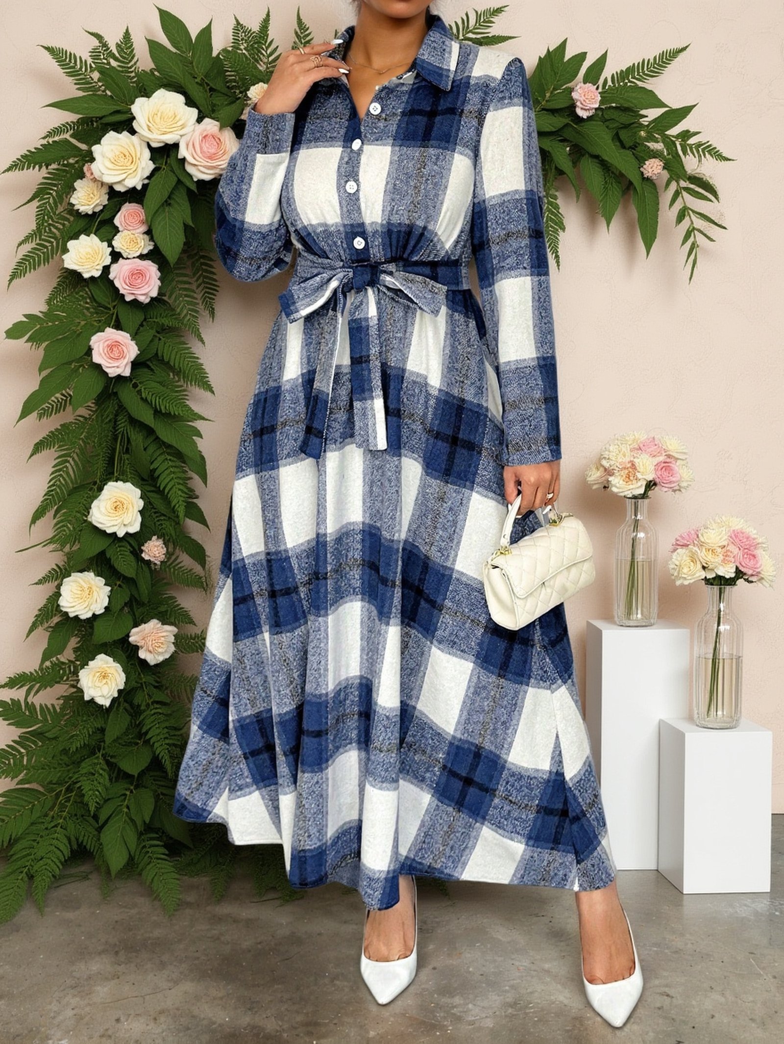 Plus Size - Plus Size - Plus-Size Women'S Elegant And Easy Checkered Long-Sleeve Dress with a Polo Collar And Waist Cinching, Perfect for Commuting